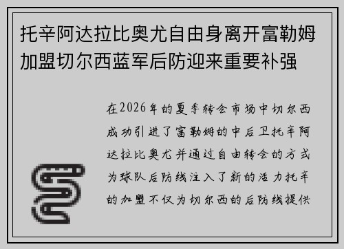 托辛阿达拉比奥尤自由身离开富勒姆加盟切尔西蓝军后防迎来重要补强
