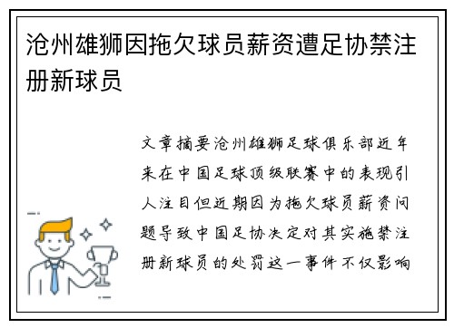 沧州雄狮因拖欠球员薪资遭足协禁注册新球员