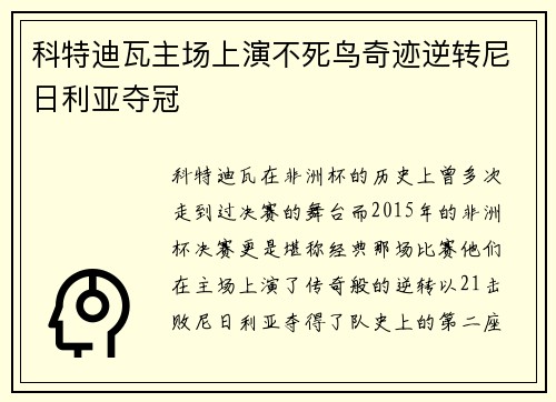 科特迪瓦主场上演不死鸟奇迹逆转尼日利亚夺冠